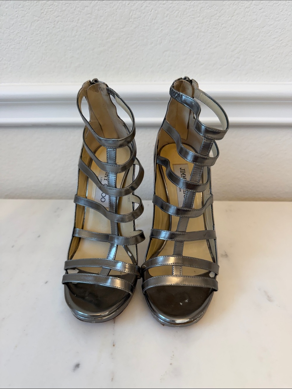 Jimmy Choo Metallic Strappy High Heel Sandals - Silver